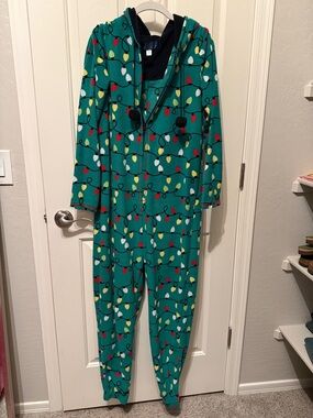 Women’s Green Holiday Light Print Pajamas Onesie